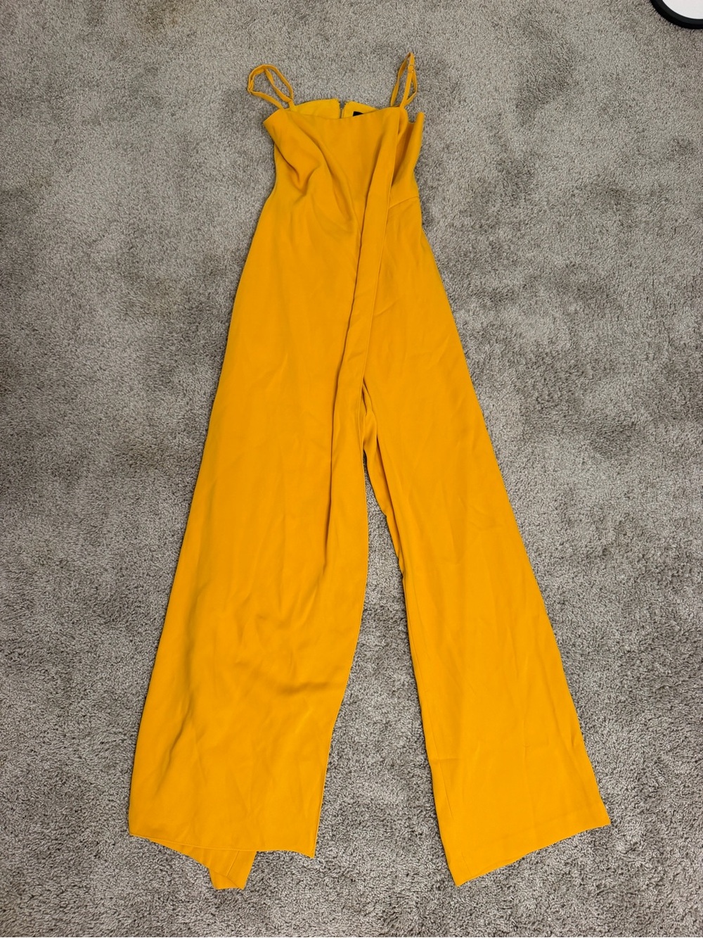 BCBGMaxAzria Mustard Yellow Wide-Leg Spaghetti-Strap Jumpsuit
